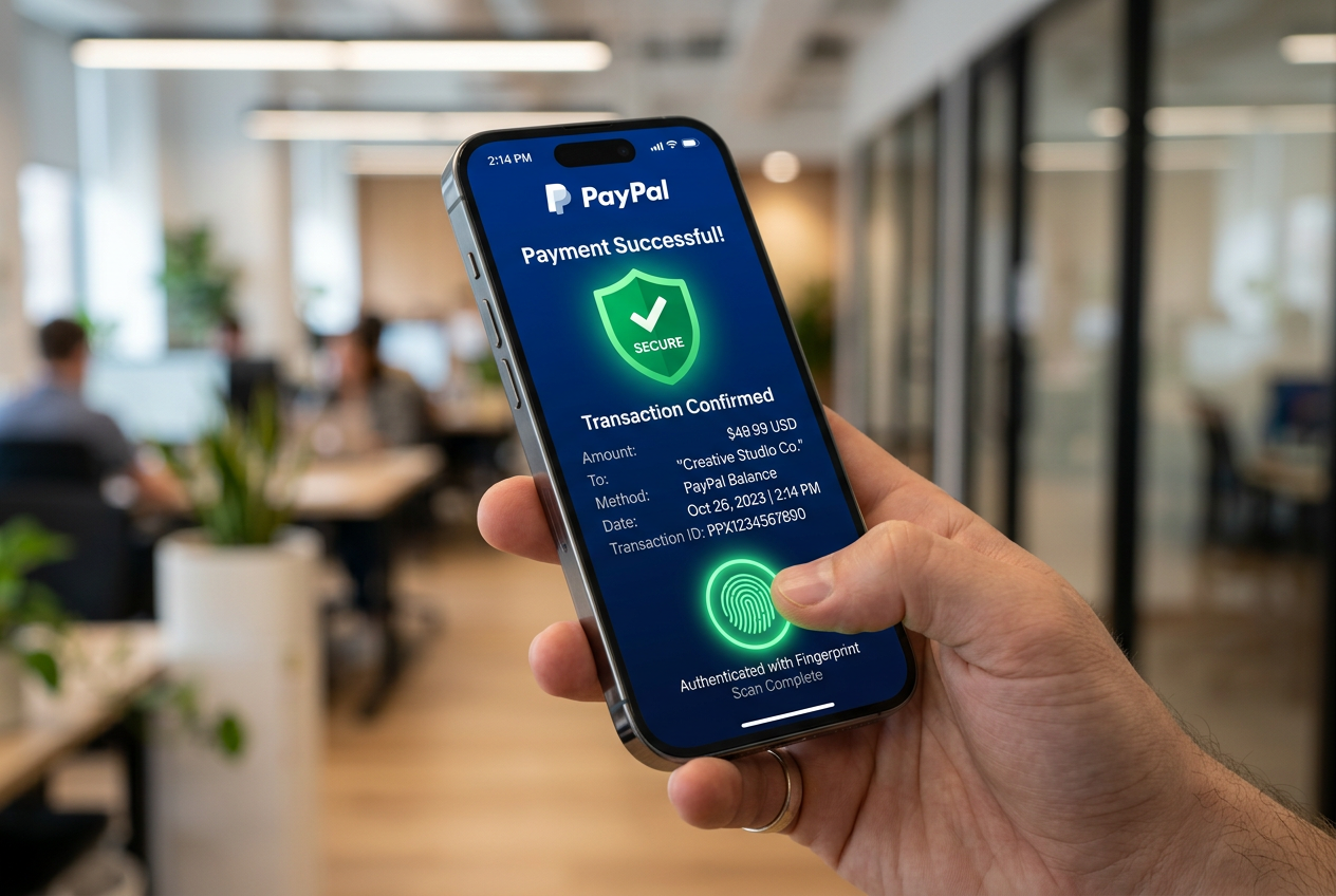 Smartphone with PayPal secure payment verification and biometric fingerprint security scan overlay